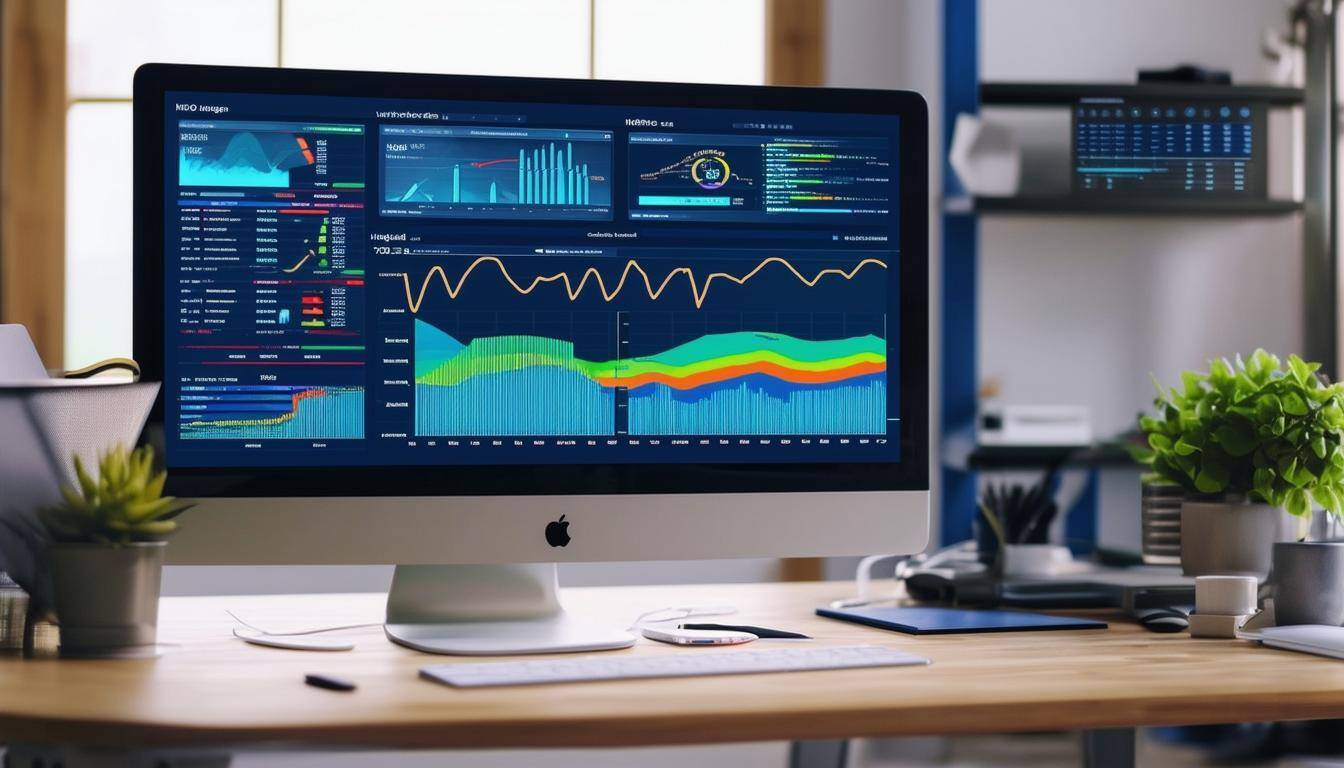 A computer on a desk with a metrics dashboard